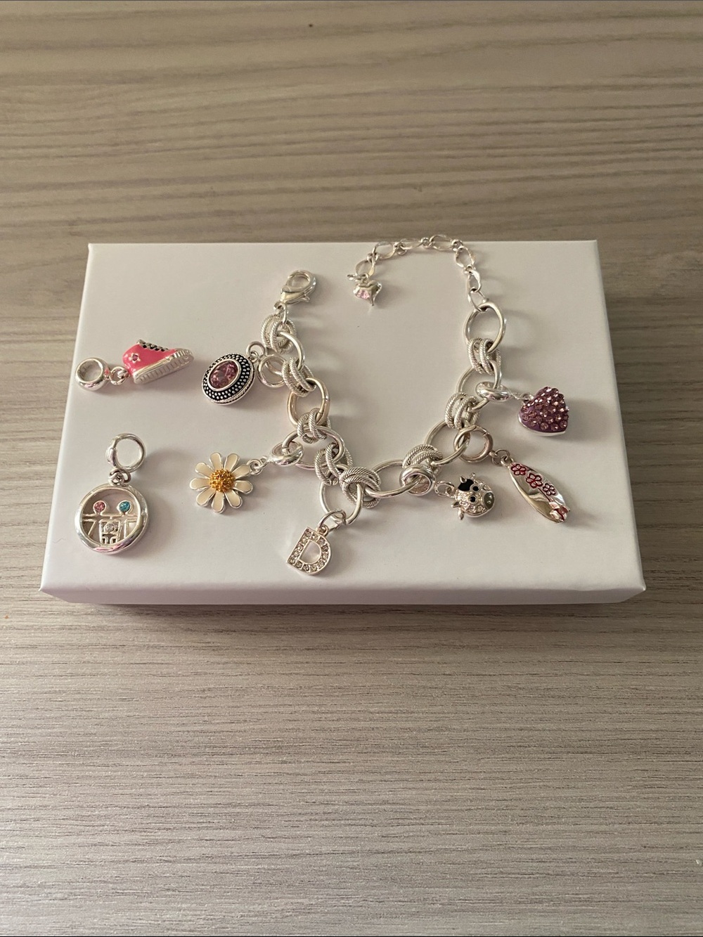 Brighton Charm Bracelet plus 6 attached charms 2 extra ..silver plated